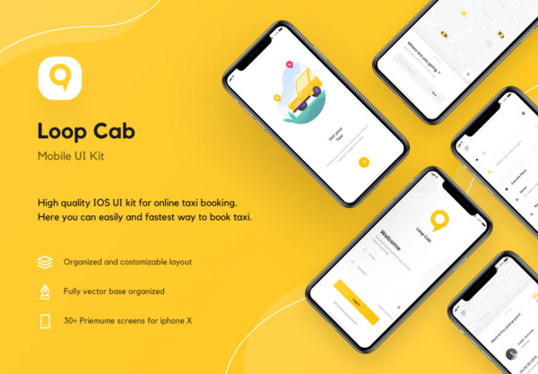 现代简约出租车预定打车软件APP UI界面设计套件 Loop Cab – Cab Booking App UI Kit