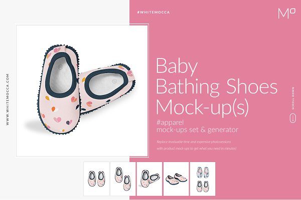 可爱女婴布鞋印花设计展示样机合集 Baby Bathing Shoes Mockups Set