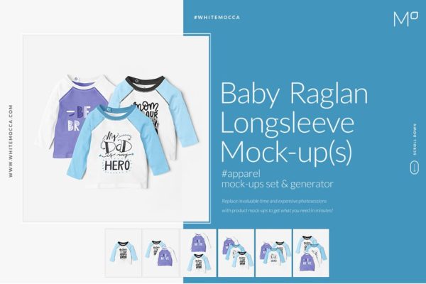 婴儿插肩式长袖套头衫印花图案设计展示贴图套装 Baby Raglan Longsleeve Mockups Set