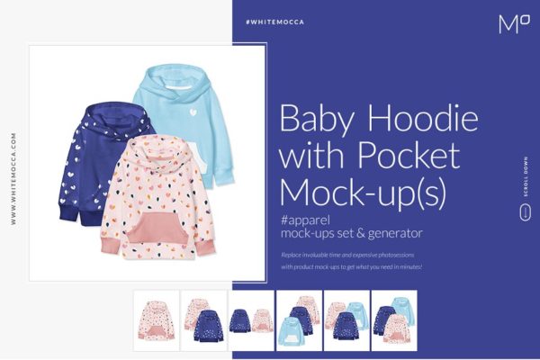 婴儿口袋连衣帽卫衣印花图案设计展示样机 Baby Hoodie with Pocket Mockups