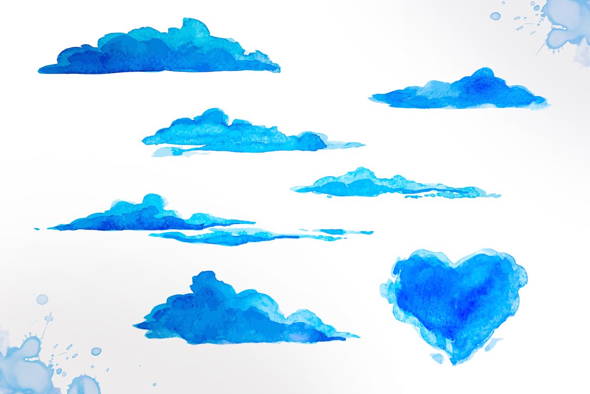蓝色云朵手绘水彩画设计素材watercolorclouds