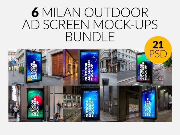 21款城市街头海报灯箱广告牌样机PSD模板素材 Milan Outdoor Ad Screen MockUps Set