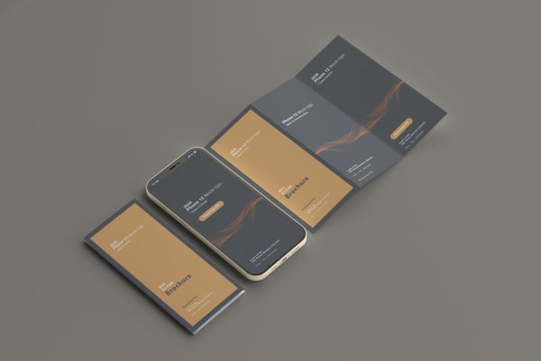 10款带三折页苹果手机iPhone 12屏幕演示样机模板 2020 Smart Phone 12 Mockups With Brochures