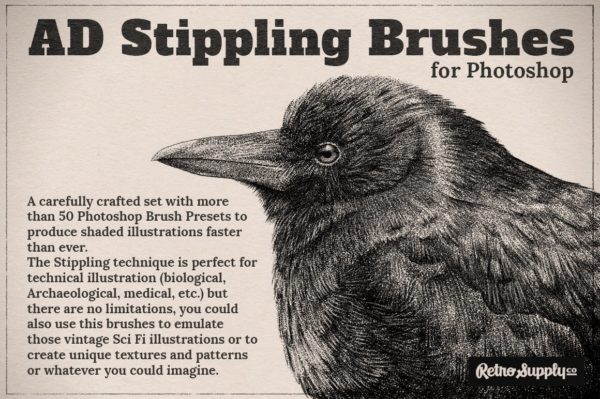 50多款复古点状半调绘画效果PS笔刷素材 AD Stippling Brushes For Photoshop