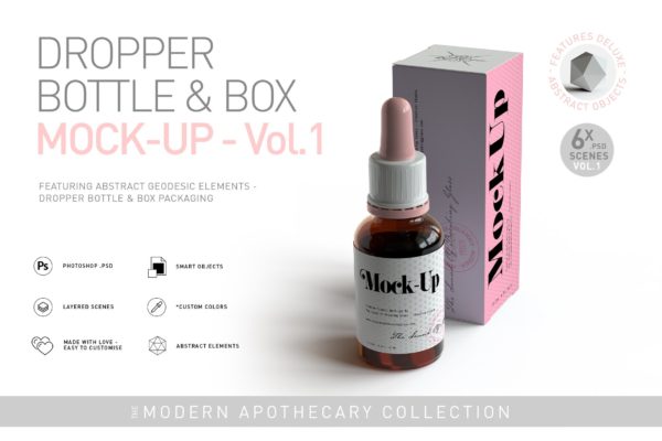 6款药物化妆品滴灌瓶包装纸盒外观设计展示贴图样机 Dropper Bottle & Box Mockup Vol.1