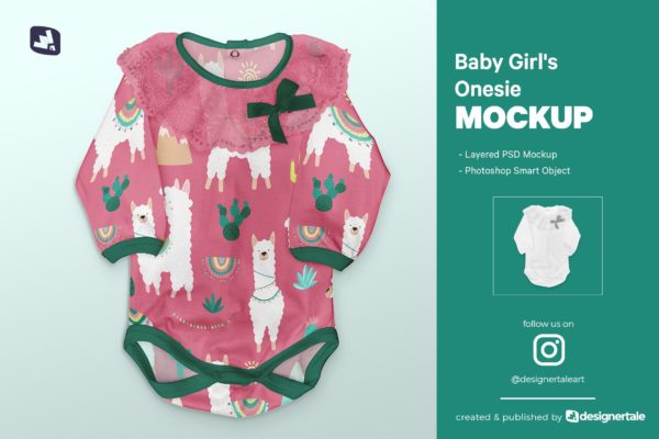 可爱女婴连体衣设计展示贴图样机 Baby Girl’s Onesie Mockup