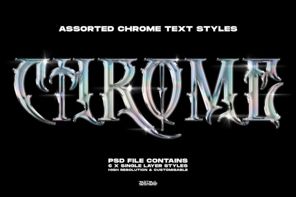 6款炫酷潮流金属光泽质感渐变文字效果PS样式模板 Chrome Metal Text Styles