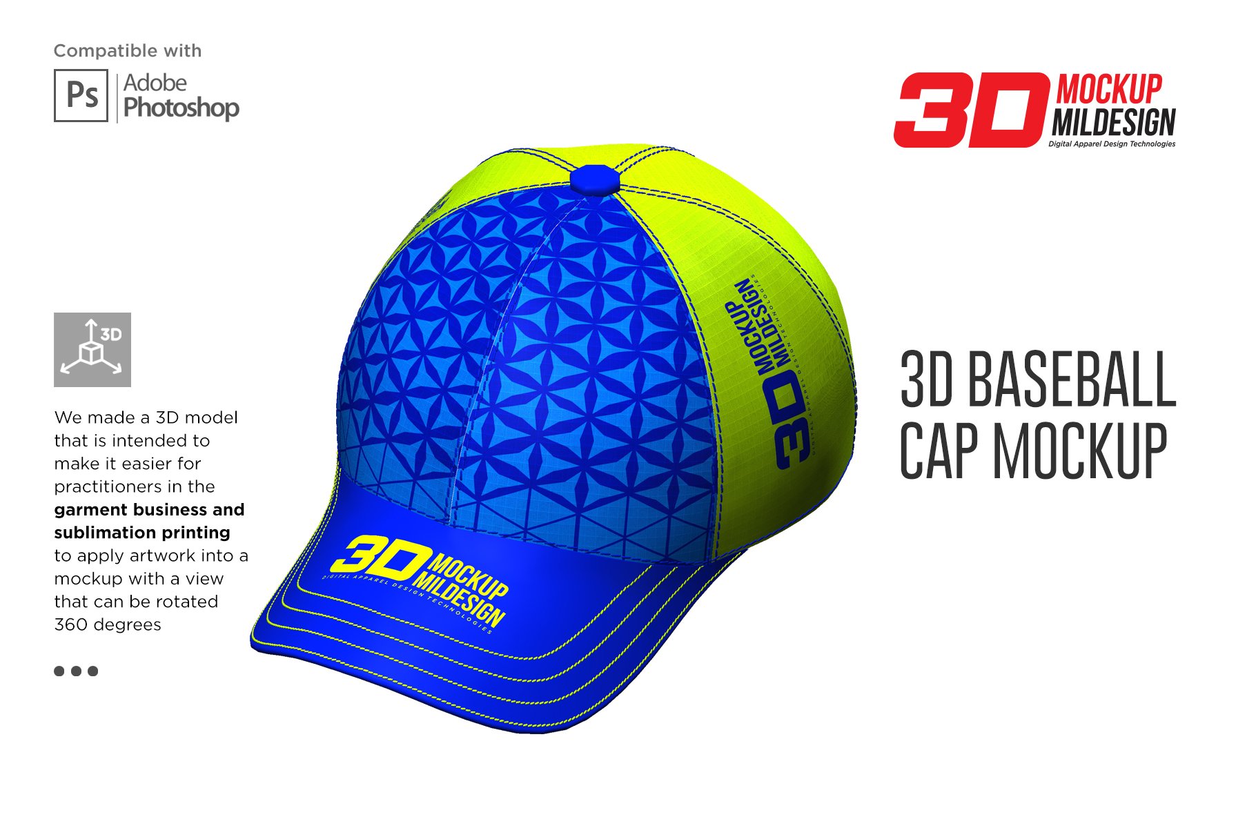 3D半球帽印花图案设计展示贴图样机模板 3D Baseball Cap Mockup插图