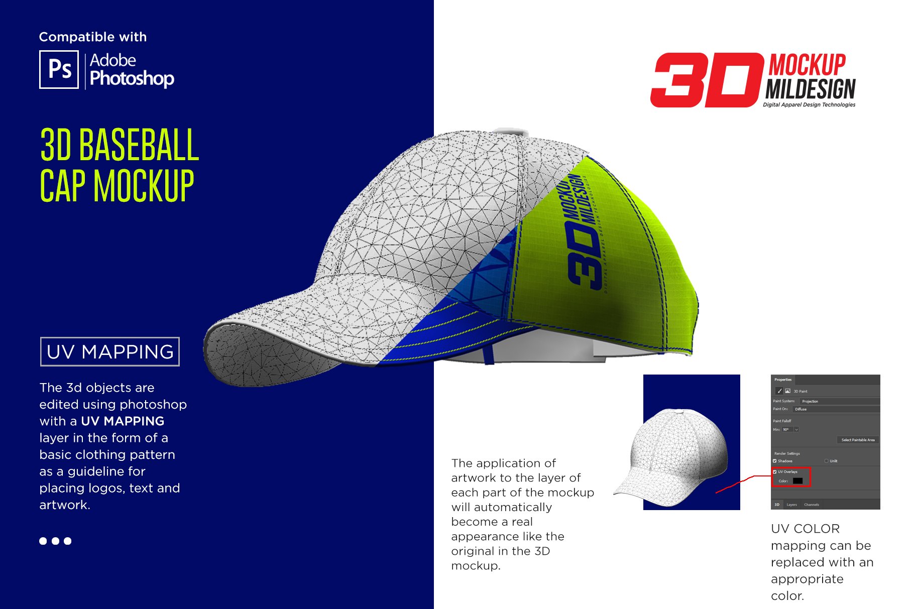 3D半球帽印花图案设计展示贴图样机模板 3D Baseball Cap Mockup插图1