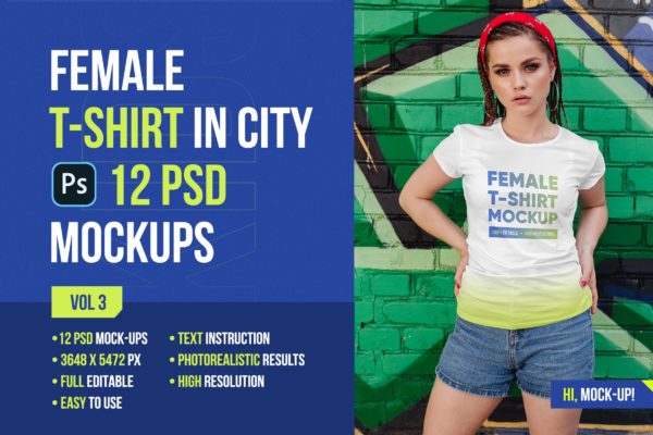 12款女式半袖T恤印花图案设计展示样机 Female T-Shirt in City Mockups Vol3