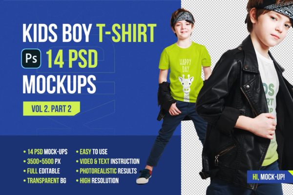 14款时尚儿童半袖T恤印花图案设计展示样机 Kids Boy T-Shirt Mockups Vol2