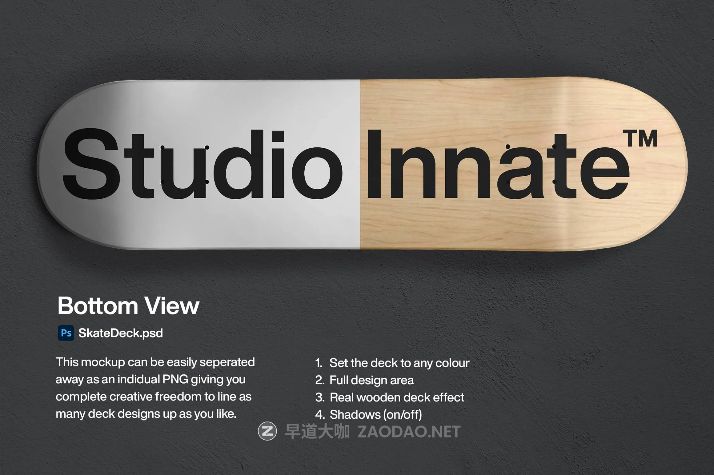 简约滑板外观设计贴图样机模板 Skateboard Mockup插图4 简约滑板外观设计贴图样机模板 Skateboard Mockup插图4