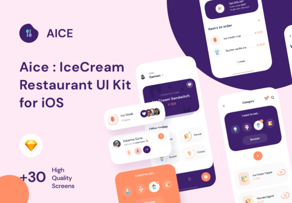 简约冰淇淋冷饮外卖iOS APP应用程序UI界面设计套件 Aice UI Kit