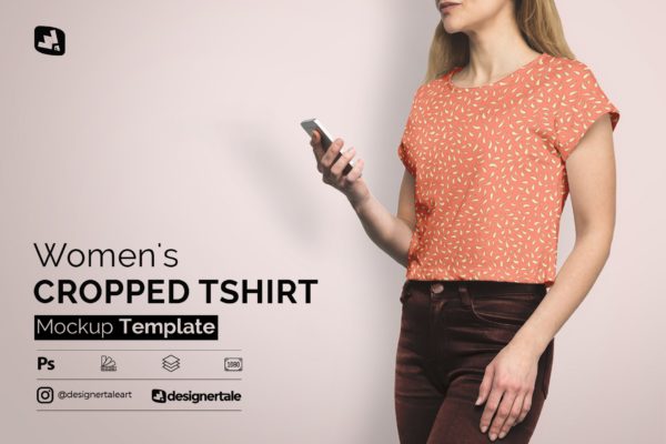 女式短款圆领半袖T恤设计贴图样机 Women Cropped Tshirt Mockup