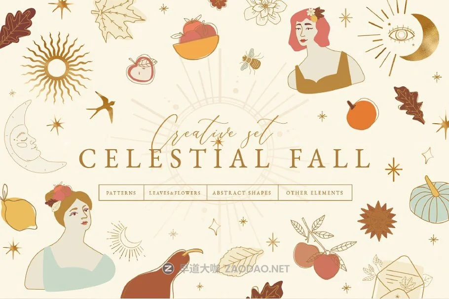抽象几何天体花朵叶子水果装饰图案矢量设计素材 Celestial Fall Abstract Set插图 抽象几何天体花朵叶子水果装饰图案矢量设计素材 Celestial Fall Abstract Set插图