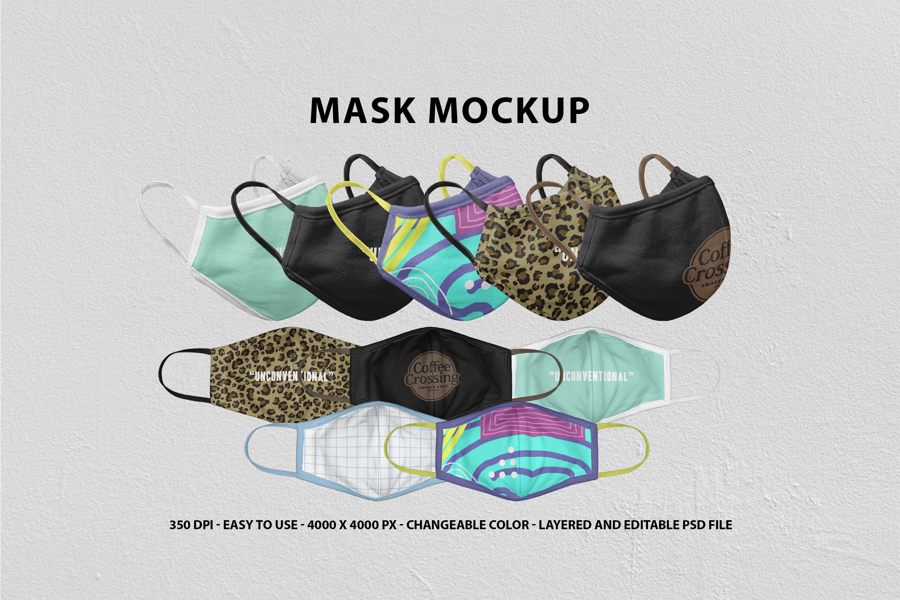 5款防护面罩棉线口罩印花图案设计展示样机 mask mockup