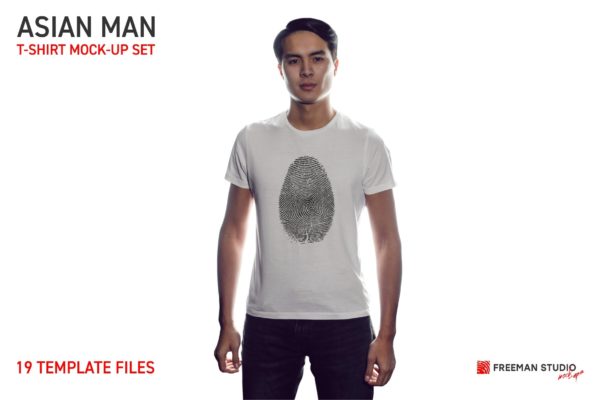 亚洲男子模特半袖T恤印花图案设计展示贴图样机合集 Asian Man T-Shirt Mockup Set