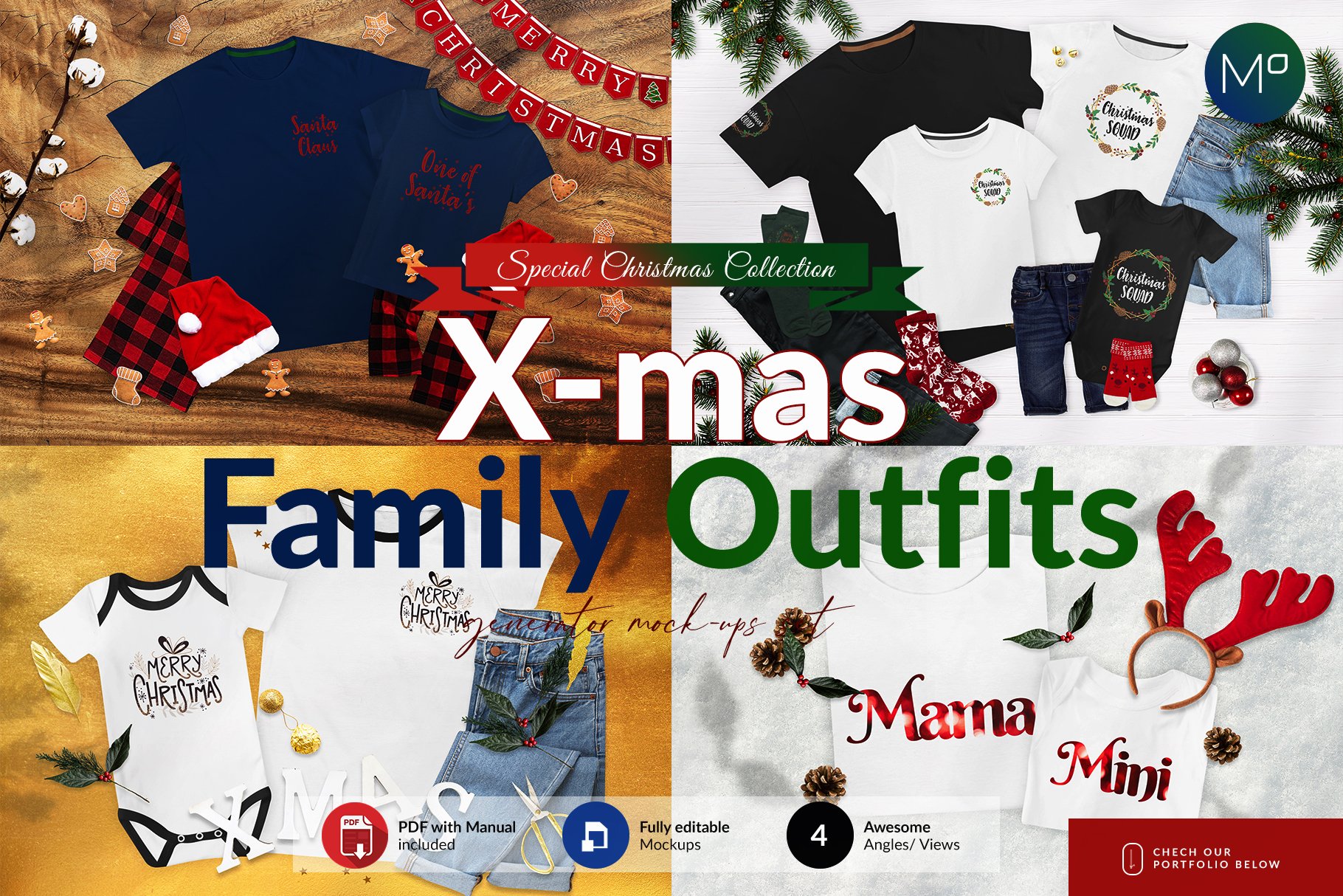 逼真圣诞节家庭半袖T恤图案印花设计展示贴图样机 Christmas Family T-shirts Mockups插图 逼真圣诞节家庭半袖T恤图案印花设计展示贴图样机 Christmas Family T-shirts Mockups插图