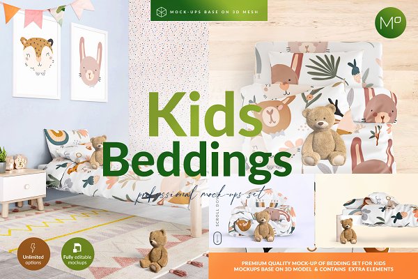 时尚儿童床上用品四件套印花图案设计展示3D模型样机素材 Kids Beddings Mockups Set On 3D