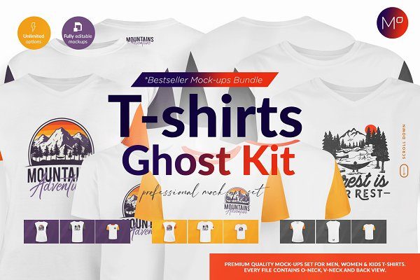 时尚半袖T恤图案印花设计展示样机模板素材 Ghost T-shirts Designer Kit Mockups