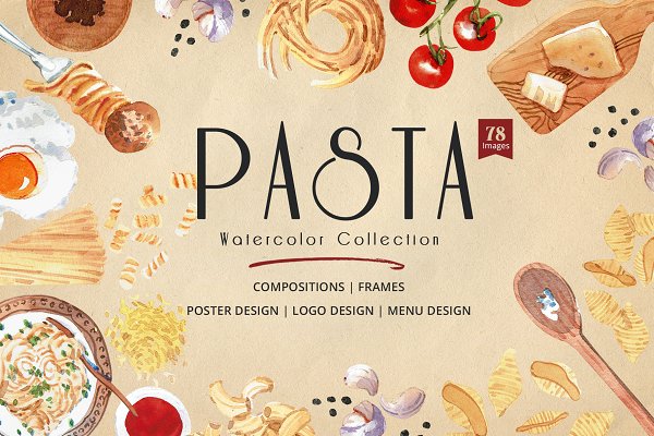 79个高清意大利面食菜肴食品元素手绘剪贴画PNG免抠图片素材 Pasta Recipe and Dishes Watercolor
