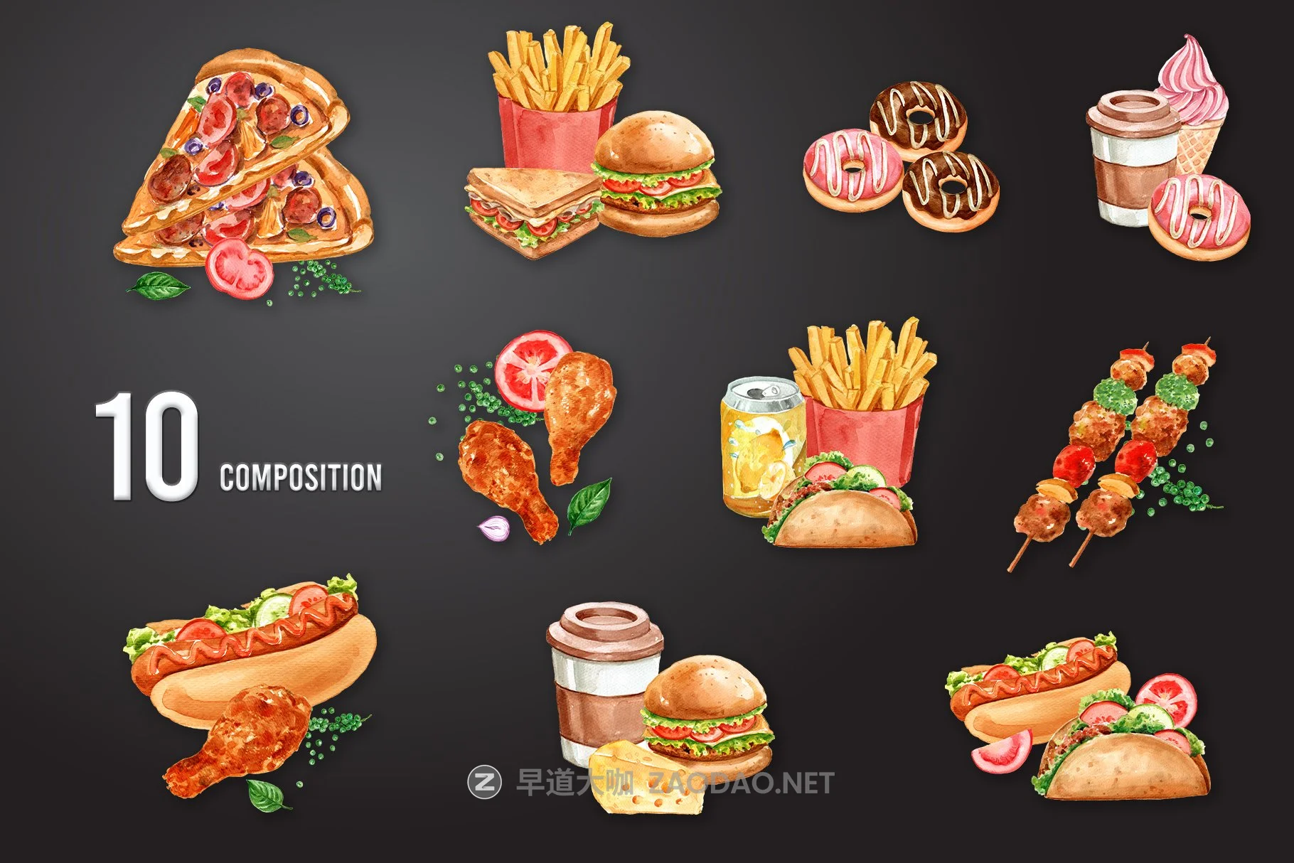 61个汉堡薯条甜点快餐食品手绘水彩画PNG免抠图片素材 Fastfood Watercolor Illustrarion Set插图2 61个汉堡薯条甜点快餐食品手绘水彩画PNG免抠图片素材 Fastfood Watercolor Illustrarion Set插图2