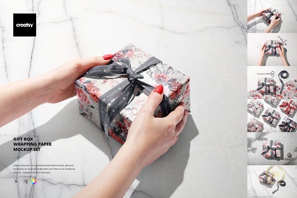时尚礼品盒包装纸设计展示贴图样机合集 Gift Box Wrapping Paper Mockup Set
