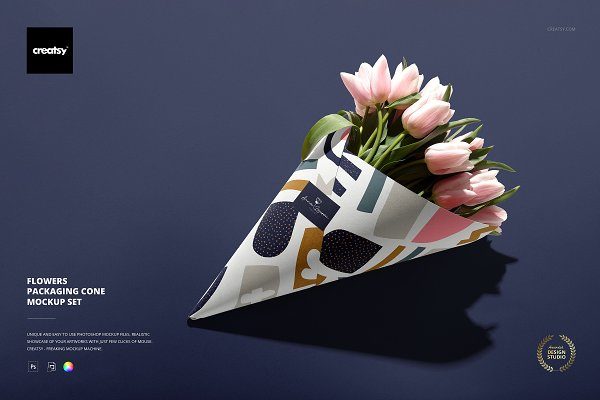 简约圆锥形花束鲜花包装纸设计展示贴图样机模板素材 Flowers Packaging Cone Mockup Set