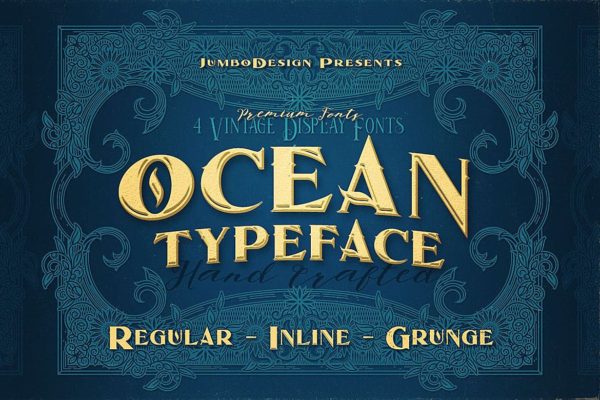 复古老式破损海报标题设计衬线英文字体素材 Ocean – Display Font