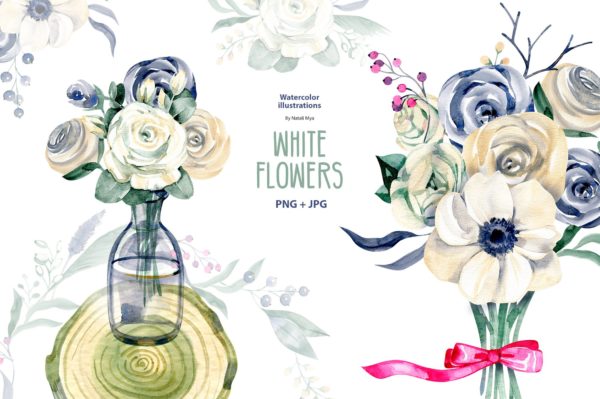 24款绿色系花卉手绘水彩画PNG图片设计素材 Watercolor White Flowers