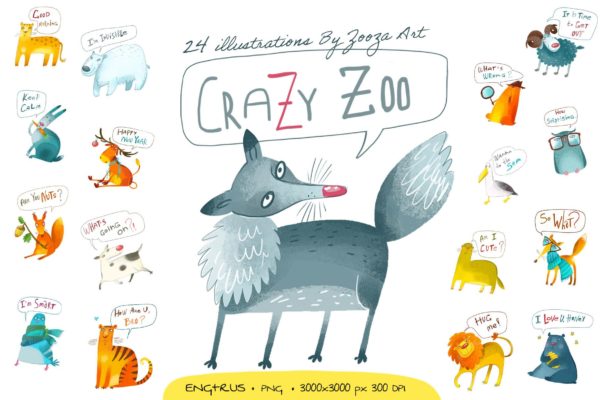 可爱卡通动物手绘水彩画PNG免抠图片设计素材 Crazy Zoo – Animals Illustrations