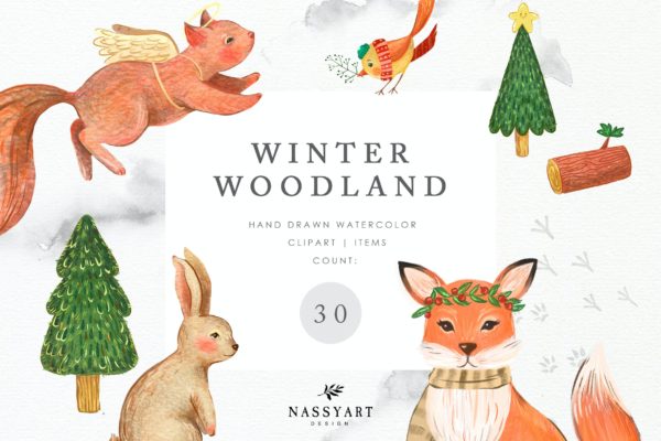 30款高清可爱动物圣诞节装饰品手绘水彩画PNG免抠图片素材 Watercolor Woodland Animal Clipart