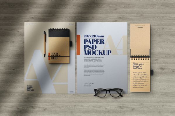 A4牛皮纸材质信纸螺旋笔记本设计展示贴图样机 A4 Flyer Kraft Spiral Notepad Mockup