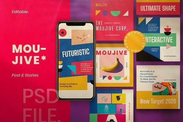 潮流撞色几何图形拼贴品牌推广新媒体海报设计PSD模板素材 MOUJIVE – Social Media Brand Pack