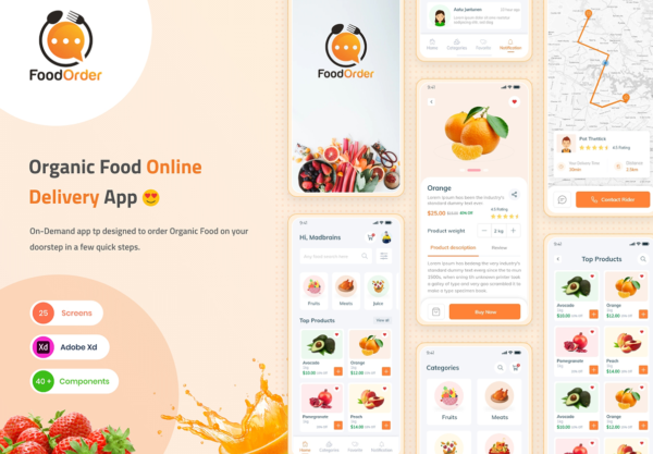 食品杂货在线购买外卖软件APP界面设计UI套件素材 Food Order – Grocery Application UI kit