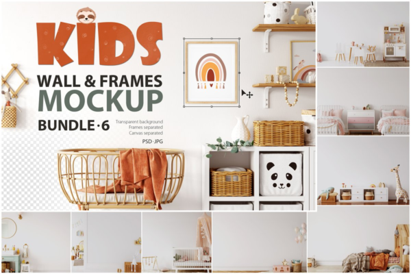 儿童房间挂画框架墙纸设计展示贴图样机合集 Kids Frames & Wall Mockup Pack 6