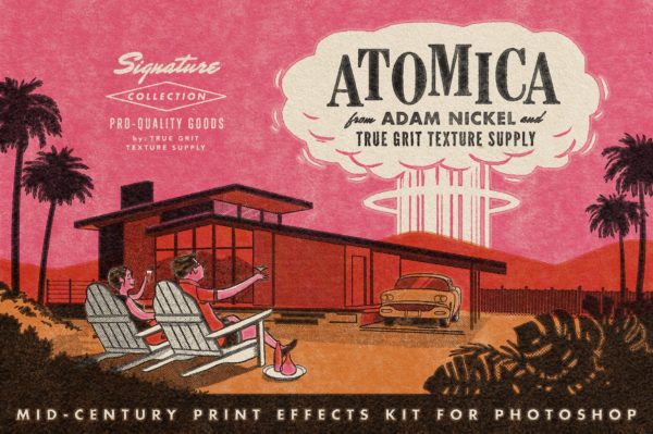 潮流复古版画油墨印染出血效果PS预设设计素材 True Grit – Atomica Mid-Century Print Effects