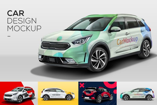 4款逼真两厢汽车车身广告设计贴图PSD样机模板 Car Mockup Customizable PSD