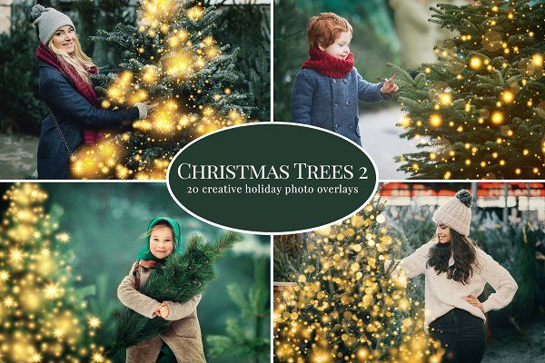 20个创意圣诞节场景发光圣诞树图片叠加设计素材 Christmas Trees Photo Overlays