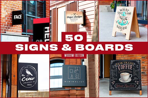 50款时尚徽标招牌标牌设计展示贴图样机模板素材 50 Signs & Boards Mockups