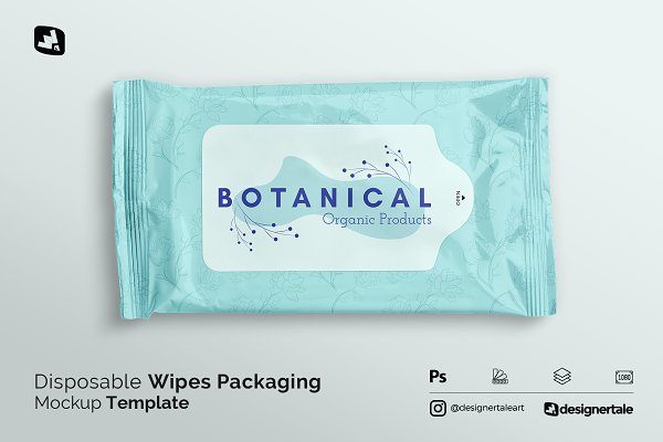 一次性湿巾塑料包装袋设计展示贴图样机模板 Disposable Wipes Packaging Mockup