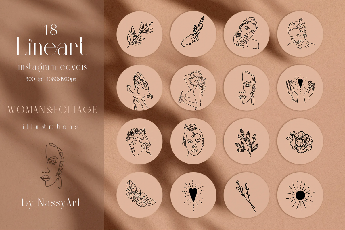 16款ins风女性花卉树叶手绘线条插图图片设计素材instagram Line Art Highlight Covers 早道大咖