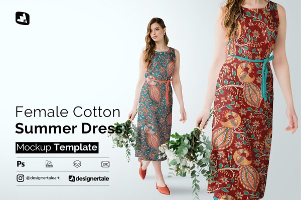 夏季女式棉质连衣裙印花图案设计展示样机模板 Female Cotton Summer Dress Mockup