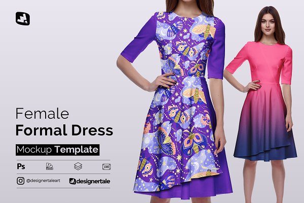 女式礼服连衣裙印花图案设计展示样机 Female Formal Dress Mockup