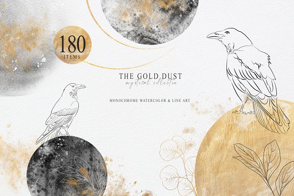 180款优雅水墨水彩金粉金色花卉树木动物线条背景图案图片设计素材 Watercolor The Gold Dust Collection