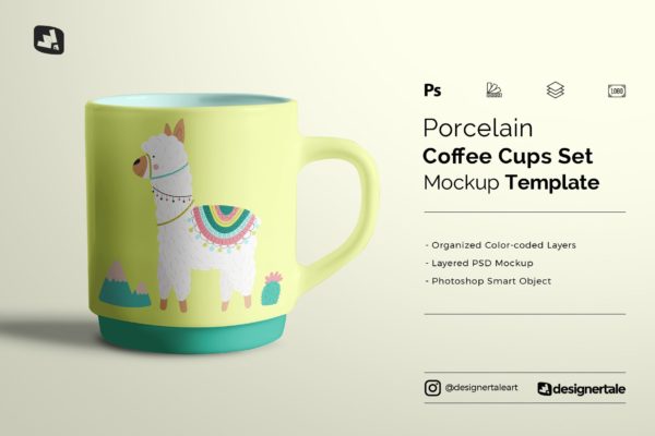 精美咖啡陶瓷杯印花图案设计展示贴图样机 Porcelain Coffee Cups Set Mockup