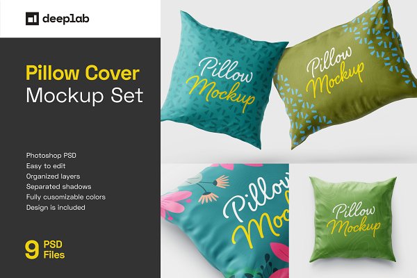 9款时尚新颖枕头抱枕头套印花图案设计展示贴图样机模板 Pillow Cover Mockup Set – Textile