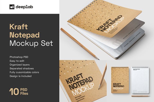 10款新颖卡夫牛皮纸办公记事笔记本设计PSD样机模板合集 Kraft Notepad Mockup Set