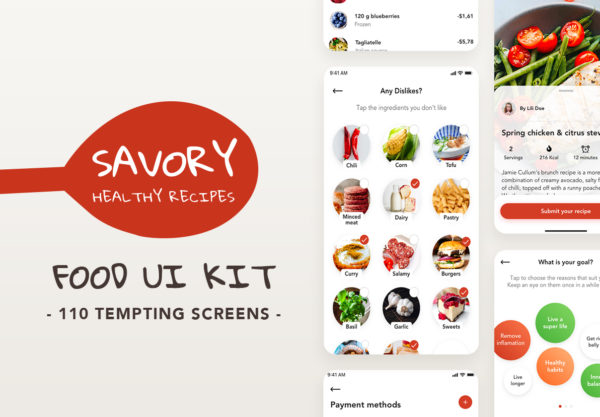 食品食谱在线购买APP应用程序UI套件 Savory – Food UI Kit