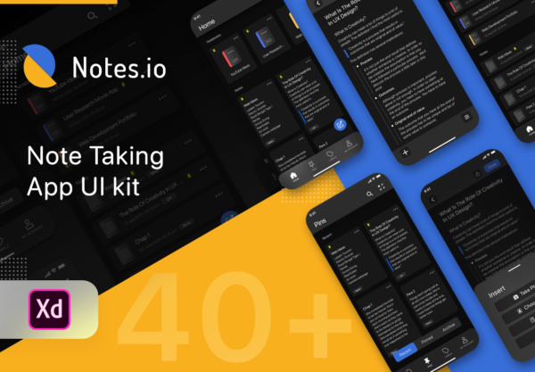 暗黑笔记记事本应用程序APP界面设计UI套件素材 Notes.io Notes Taking App UI Kit Dark Mode